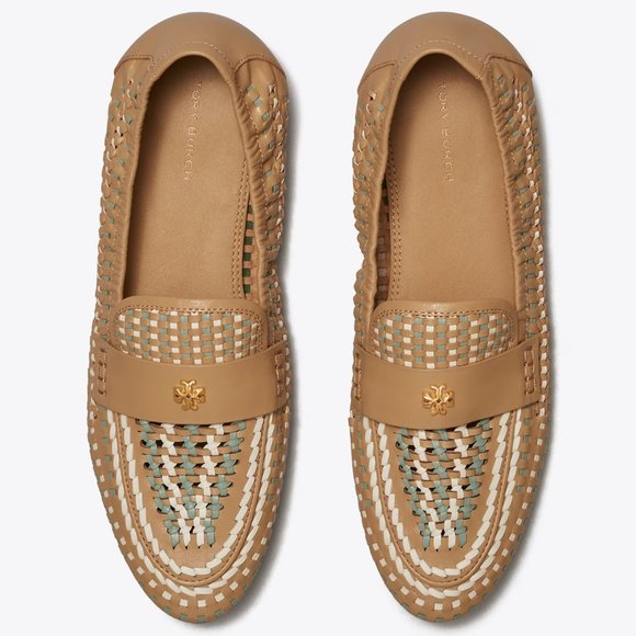 COPY - Tory Burch $348 Woven Ballet Loafer Flats Tan Blue SUPER COMFY! - Picture 1 of 16